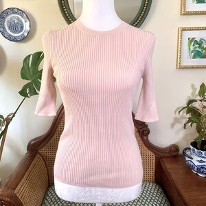 White & Warren Pink Cotton Ribbed Crewneck Short Sleeve Sweater Small
